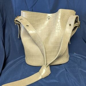 Boho Chic Croc-Embossed Bucket Bag with Knot Detail — Taupe/Nude